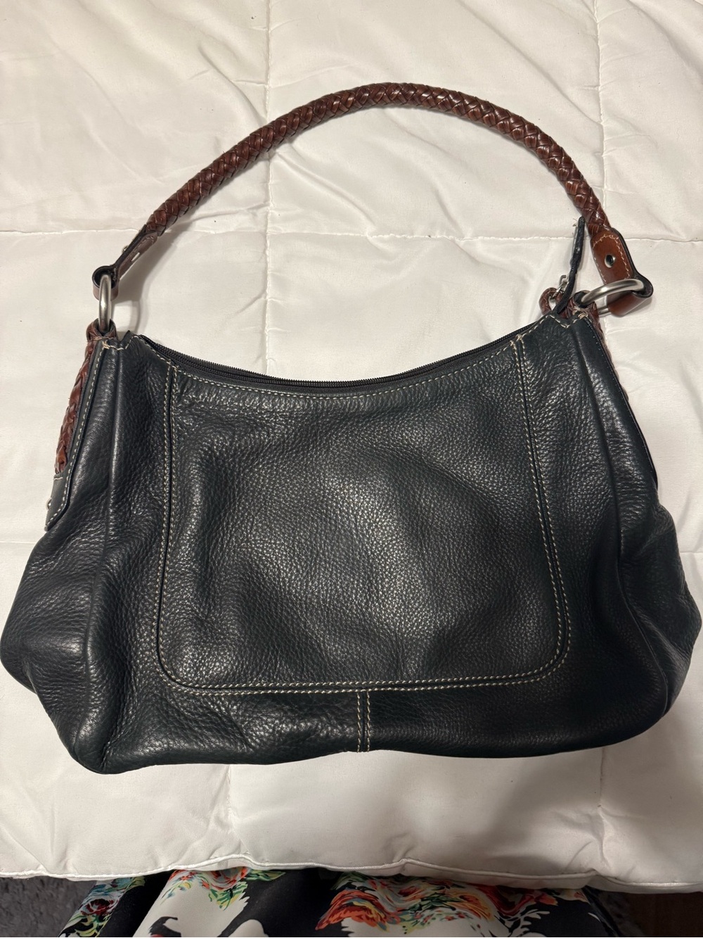 Fossil Classic Dark Green  Leather Shoulder Bag with Braided Brown Handle